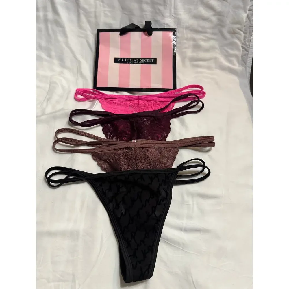 NWOT - Victoria’s Secret PINK Double Strap Cotton & Lace Thongs Size S
